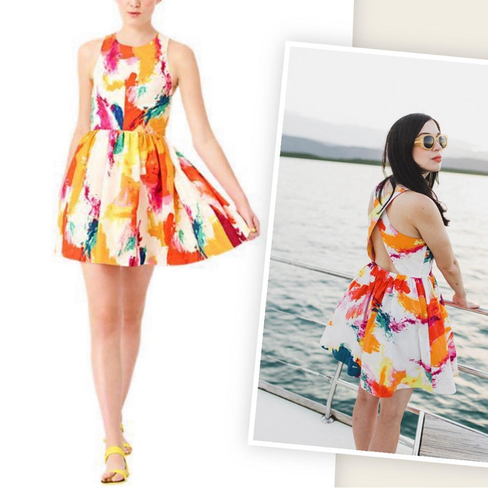 Kate Spade Saturday Sexy Back Abstract Colourful Mini Dress Size 6 Cotton Summer